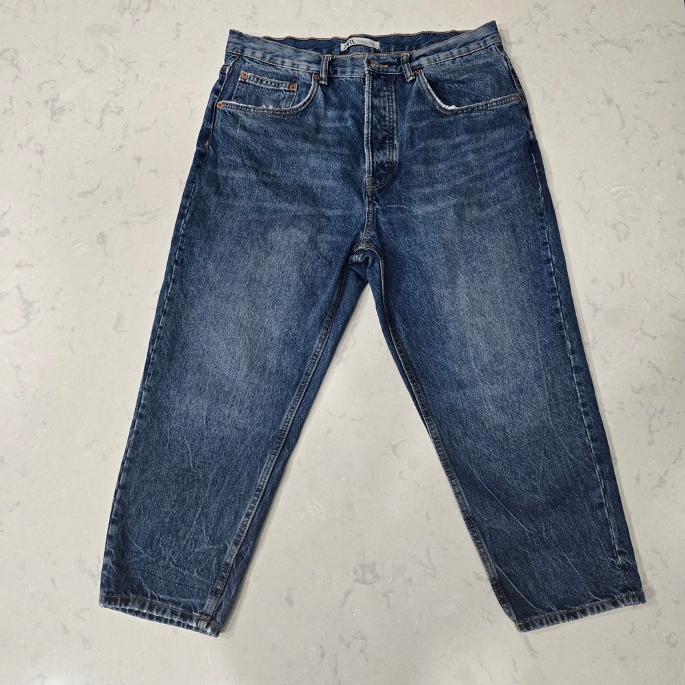Zara High Rise Mom Jeans Blue Medium Wash Button Fly Size 34 Womens Y2K